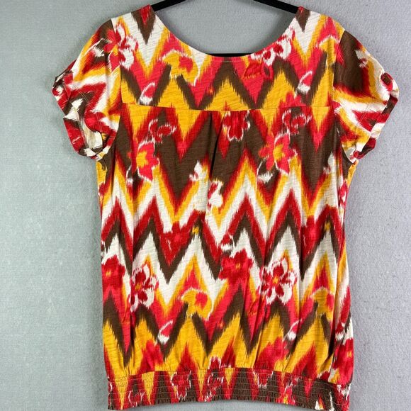 Lucky Brand Top Womens L Pullover Red Yellow Floral Metal Buttons Elastic Hem - Picture 8 of 12